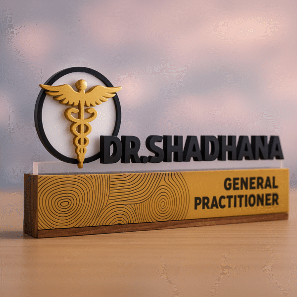 Doctor name plate for General Practitioner with raised acrylic letters and medical symbol on wood base