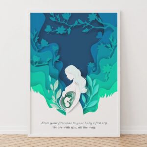 Artistic poster of a pregnant woman with a fetus inside, surrounded by floral and leafy paper-cut style background