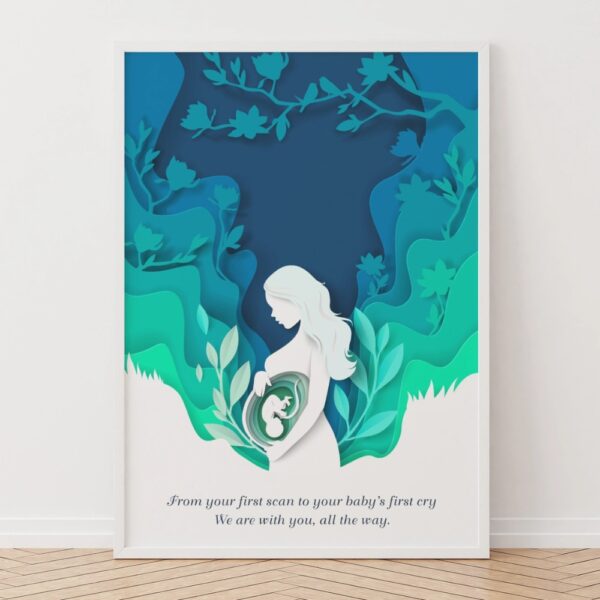 Artistic poster of a pregnant woman with a fetus inside, surrounded by floral and leafy paper-cut style background