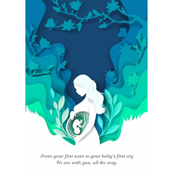 Artistic poster of a pregnant woman with a fetus inside, surrounded by floral and leafy paper-cut style background