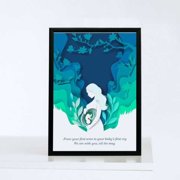 Artistic poster of a pregnant woman with a fetus inside, surrounded by floral and leafy paper-cut style background