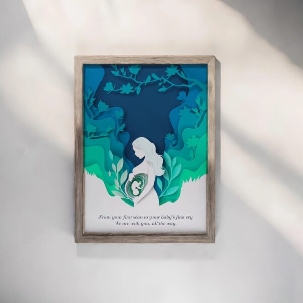 Artistic poster of a pregnant woman with a fetus inside, surrounded by floral and leafy paper-cut style background