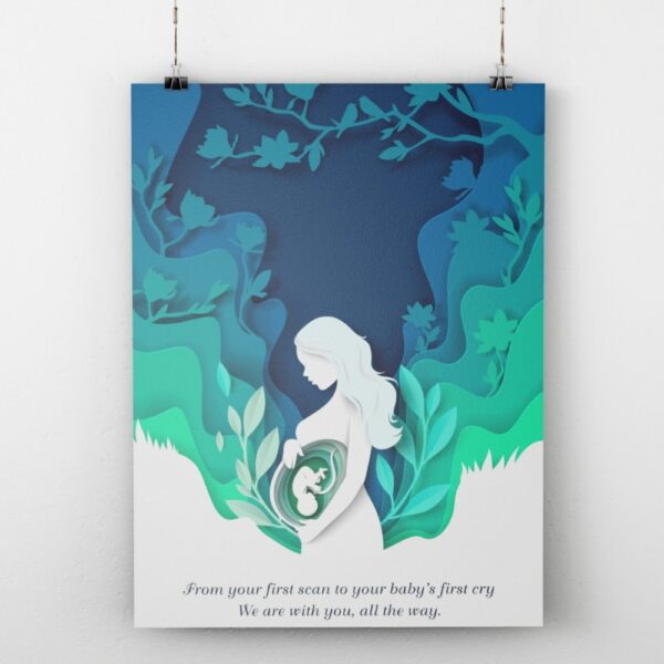 Artistic poster of a pregnant woman with a fetus inside, surrounded by floral and leafy paper-cut style background