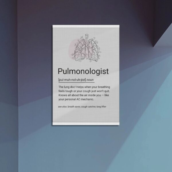 Minimal art print of lungs with a witty definition of a pulmonologist for clinic decor.