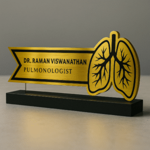 Pulmonologist desk name plate with gold lung icon – custom acrylic name board for chest specialists and hospitals