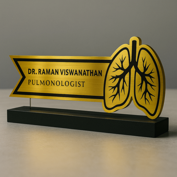 Pulmonologist desk name plate with gold lung icon – custom acrylic name board for chest specialists and hospitals