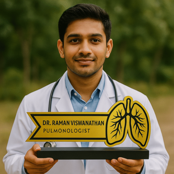Pulmonologist desk name plate with gold lung icon – custom acrylic name board for chest specialists and hospitals