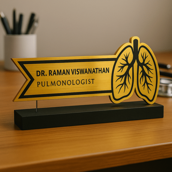 Pulmonologist desk name plate with gold lung icon – custom acrylic name board for chest specialists and hospitals