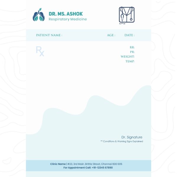 A professional and minimal prescription pad design for a respiratory medicine specialist, featuring a lung icon, stethoscope symbol, and patient detail fields in blue and white.