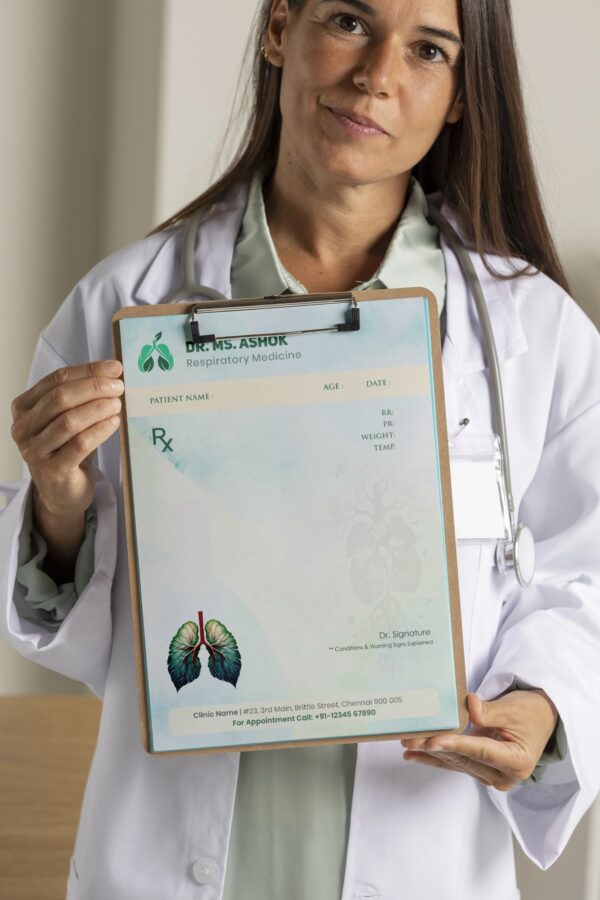 Personalized respiratory medicine prescription pad featuring lungs illustration, green tones, and Dr. MS. Ashok’s name and contact details on an A4-sized layout.