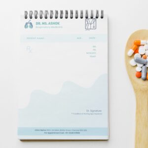 A professional and minimal prescription pad design for a respiratory medicine specialist, featuring a lung icon, stethoscope symbol, and patient detail fields in blue and white.
