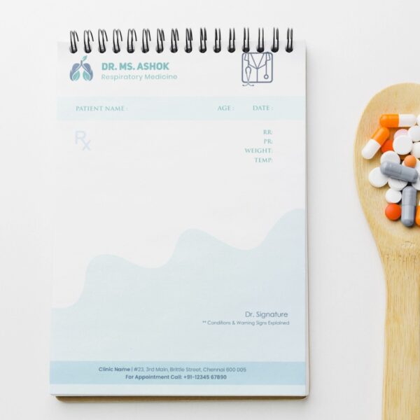 A professional and minimal prescription pad design for a respiratory medicine specialist, featuring a lung icon, stethoscope symbol, and patient detail fields in blue and white.