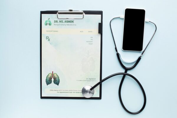 Personalized respiratory medicine prescription pad featuring lungs illustration, green tones, and Dr. MS. Ashok’s name and contact details on an A4-sized layout.