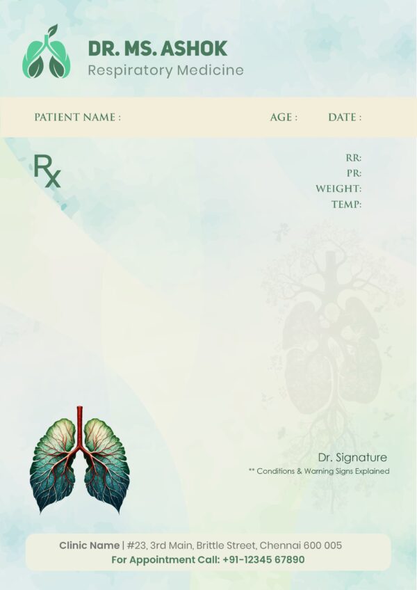 Personalized respiratory medicine prescription pad featuring lungs illustration, green tones, and Dr. MS. Ashok’s name and contact details on an A4-sized layout.