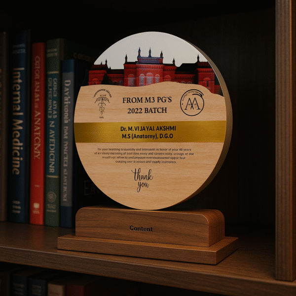 Round wooden doctor memento with medical college building photo, engraved thank-you message, and golden name band on a bookshelf.