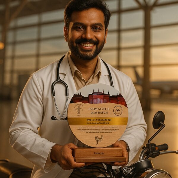 Round wooden doctor memento with medical college building photo, engraved thank-you message, and golden name band on a bookshelf.