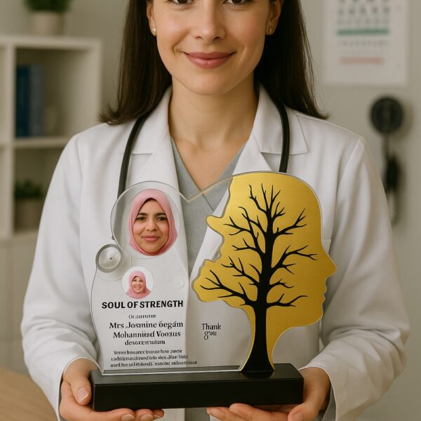 Doctor memento shaped like a head silhouette with a golden tree design, personalized with photo, name, and message on a black base.