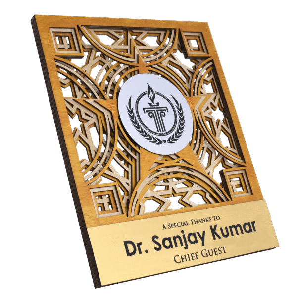 Doctor guest honor wooden memento with intricate star pattern, metallic medallion, and gold nameplate for chief guest appreciation.