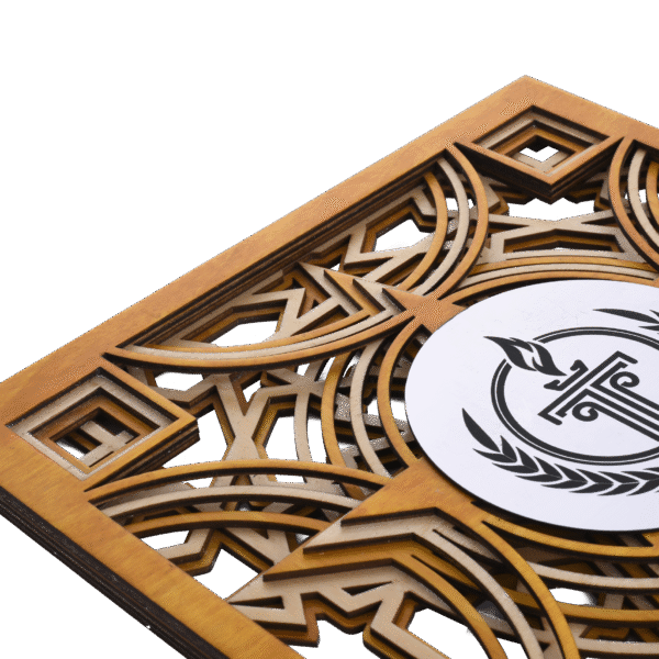 Doctor guest honor wooden memento with intricate star pattern, metallic medallion, and gold nameplate for chief guest appreciation.