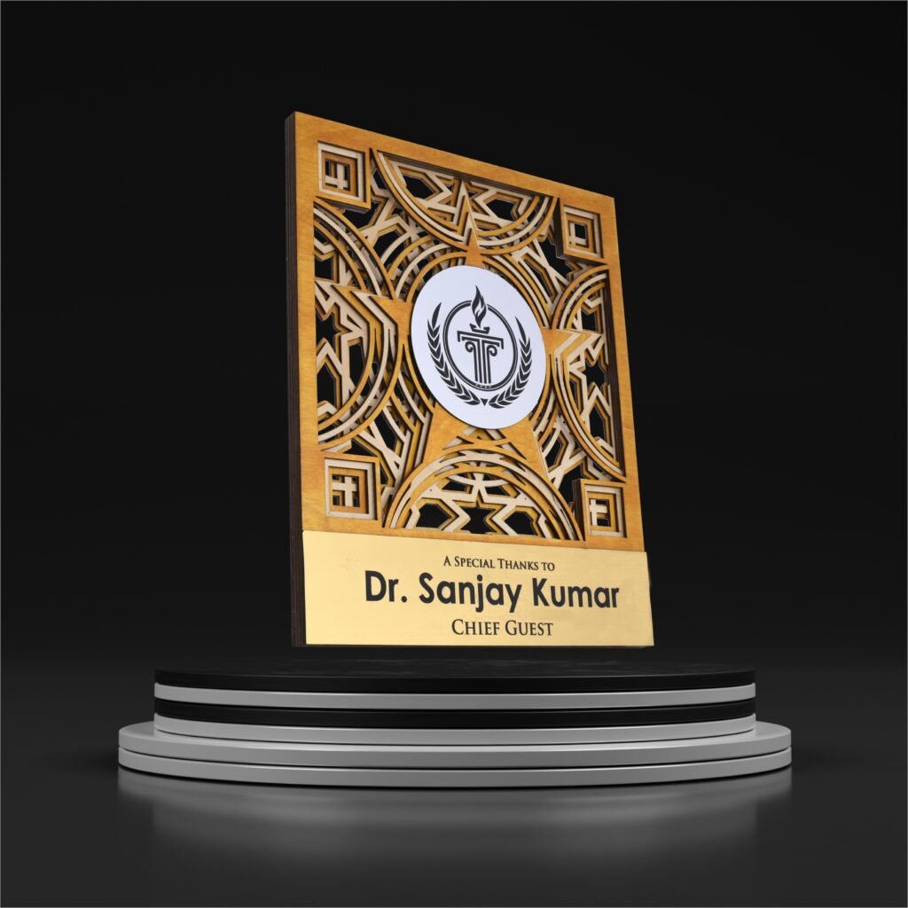 Doctor guest honor wooden memento with intricate star pattern, metallic medallion, and gold nameplate for chief guest appreciation.