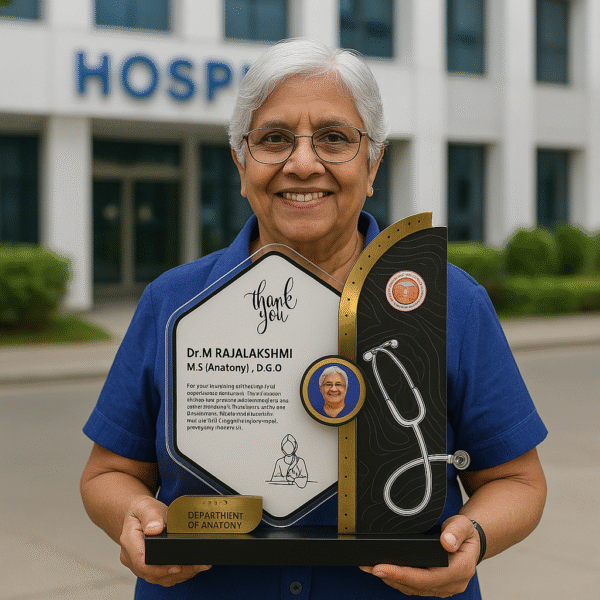 Personalized doctor memento with stethoscope design, custom photo, and engraved message, gifted by the Department of Anatomy.