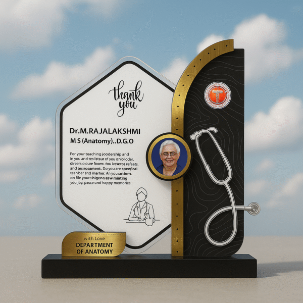 Personalized doctor memento with stethoscope design, custom photo, and engraved message, gifted by the Department of Anatomy.