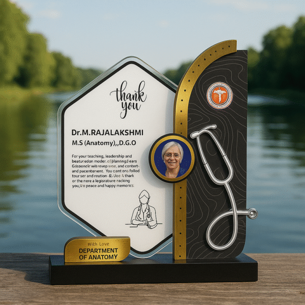 Personalized doctor memento with stethoscope design, custom photo, and engraved message, gifted by the Department of Anatomy.