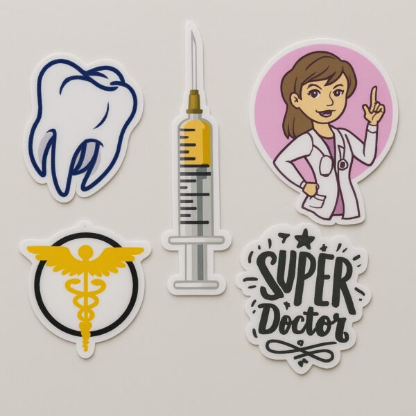 Set of 5 vinyl doctor-themed stickers including a cartoon doctor, syringe, molar tooth, Caduceus symbol, and “Super Doctor” quote — perfect for laptops and bottles.