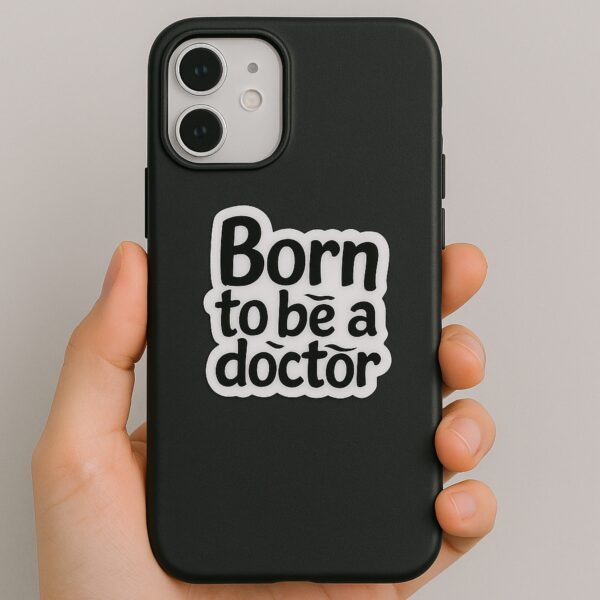 Set of 5 small vinyl doctor-themed stickers including “Born to be a doctor,” baby sleeping on cloud, brain in bowl, caduceus symbol, and stethoscope with clipboard — perfect for laptops, bottles, and phones.