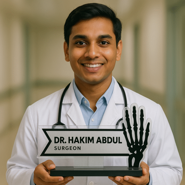 Surgeon desk name plate with acrylic X-ray hand design – personalized name board for doctors and hospitals