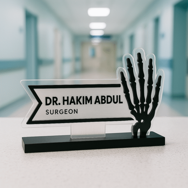 Surgeon desk name plate with acrylic X-ray hand design – personalized name board for doctors and hospitals
