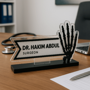 Surgeon desk name plate with acrylic X-ray hand design – personalized name board for doctors and hospitals