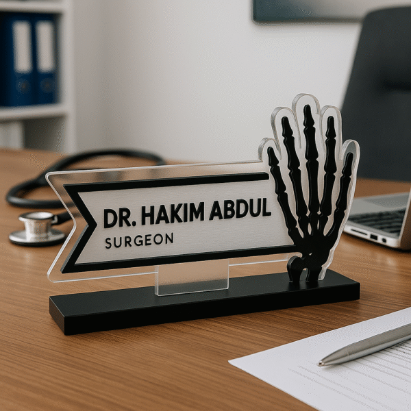 Surgeon desk name plate with acrylic X-ray hand design – personalized name board for doctors and hospitals