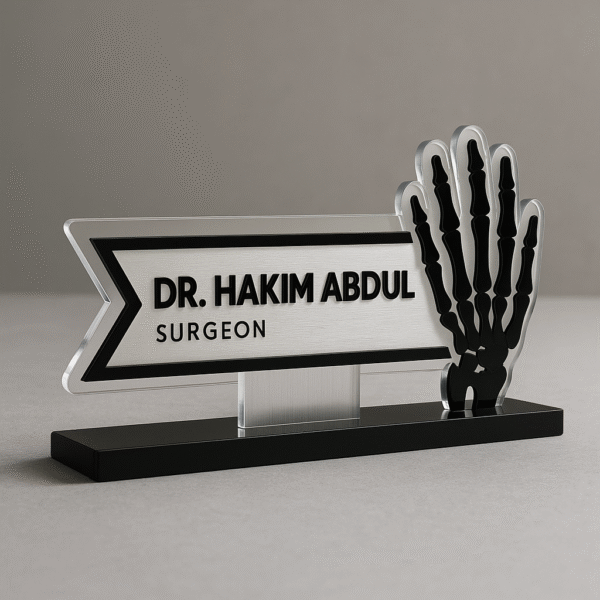 Surgeon desk name plate with acrylic X-ray hand design – personalized name board for doctors and hospitals