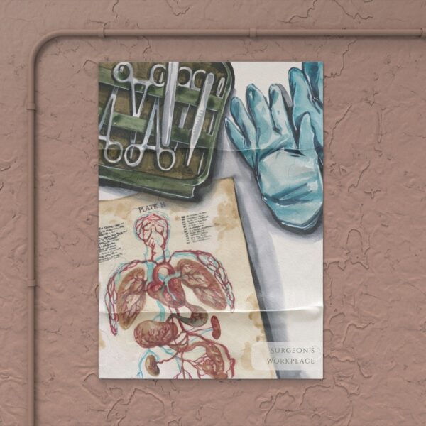 Watercolor illustration of surgical instruments, anatomy chart, and gloves – surgeon-themed wall art