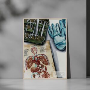 Watercolor illustration of surgical instruments, anatomy chart, and gloves – surgeon-themed wall art