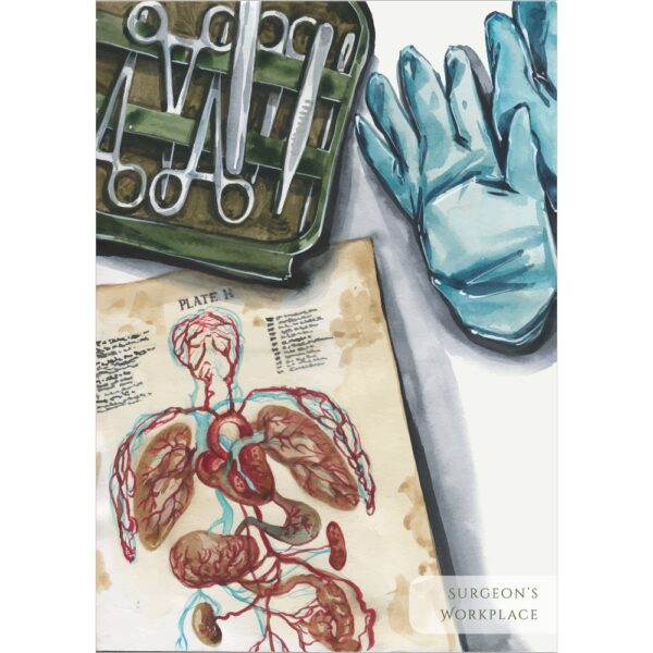 Watercolor illustration of surgical instruments, anatomy chart, and gloves – surgeon-themed wall art
