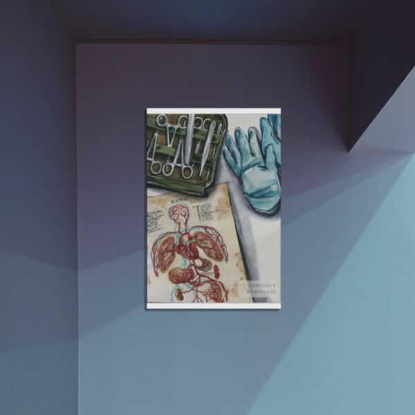 Watercolor illustration of surgical instruments, anatomy chart, and gloves – surgeon-themed wall art