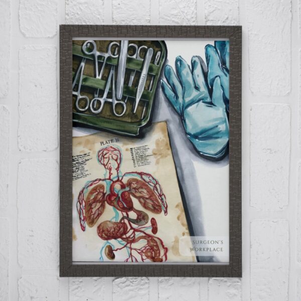 Watercolor illustration of surgical instruments, anatomy chart, and gloves – surgeon-themed wall art