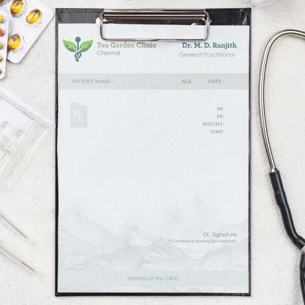 Minimalistic prescription pad for Dr. M. D. Ranjith at Tea Garden Clinic, Chennai with soft green hues and clean format.