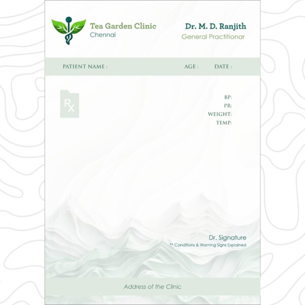 Minimalistic prescription pad for Dr. M. D. Ranjith at Tea Garden Clinic, Chennai with soft green hues and clean format.