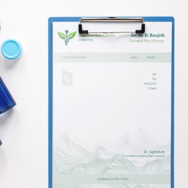 Minimalistic prescription pad for Dr. M. D. Ranjith at Tea Garden Clinic, Chennai with soft green hues and clean format.