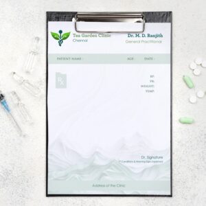 Minimalistic prescription pad for Dr. M. D. Ranjith at Tea Garden Clinic, Chennai with soft green hues and clean format.