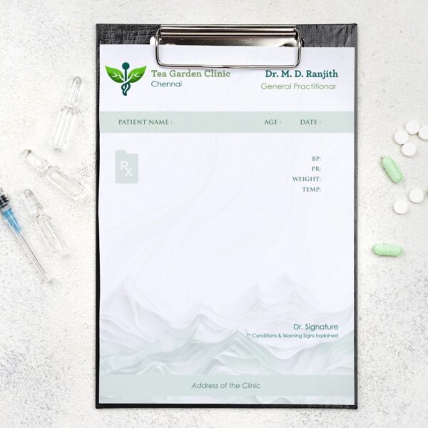 Minimalistic prescription pad for Dr. M. D. Ranjith at Tea Garden Clinic, Chennai with soft green hues and clean format.