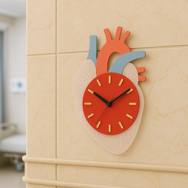 Anatomical heart-shaped wall clock for cardiologists and doctors – red and pastel medical design