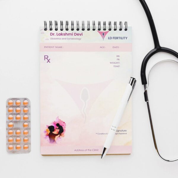 Gynecologist prescription pad designed for Dr. Lakshmi Devi with a feminine fertility theme, featuring mother-child silhouette and uterus-sperm illustration.