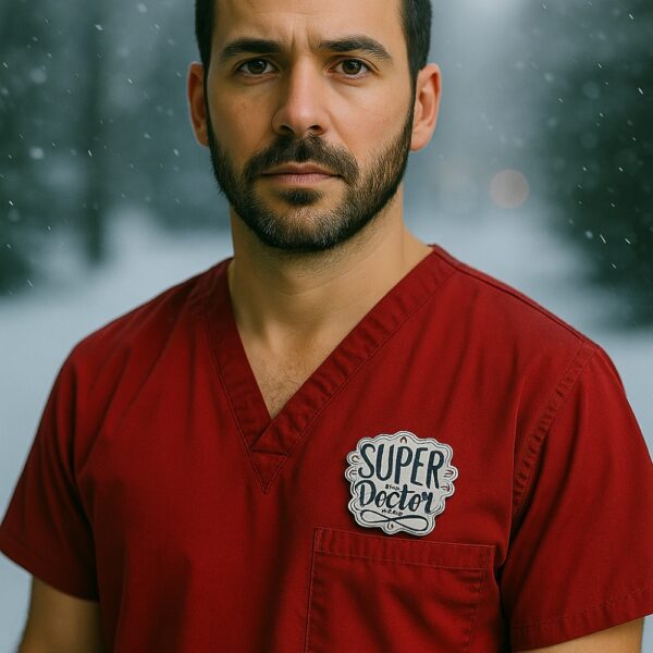 Shiny silver brooch with black engraved text "Super Doctor" and star accents, designed for doctors only.