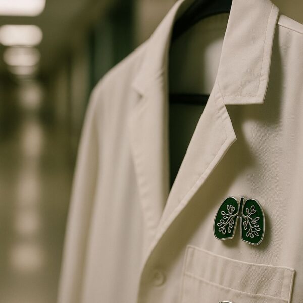 Elegant green brooch shaped like human lungs with leaf-branch design, made exclusively for doctors.