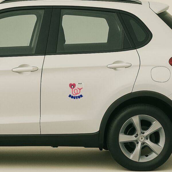 Car sticker featuring a red heart wrapped with a blue stethoscope and the word “DOCTOR” in bold red and blue lettering, designed for medical professionals