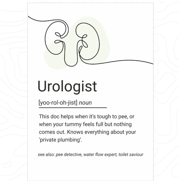 Illustrated definition poster of a urologist with minimal kidney line art and playful medical description.